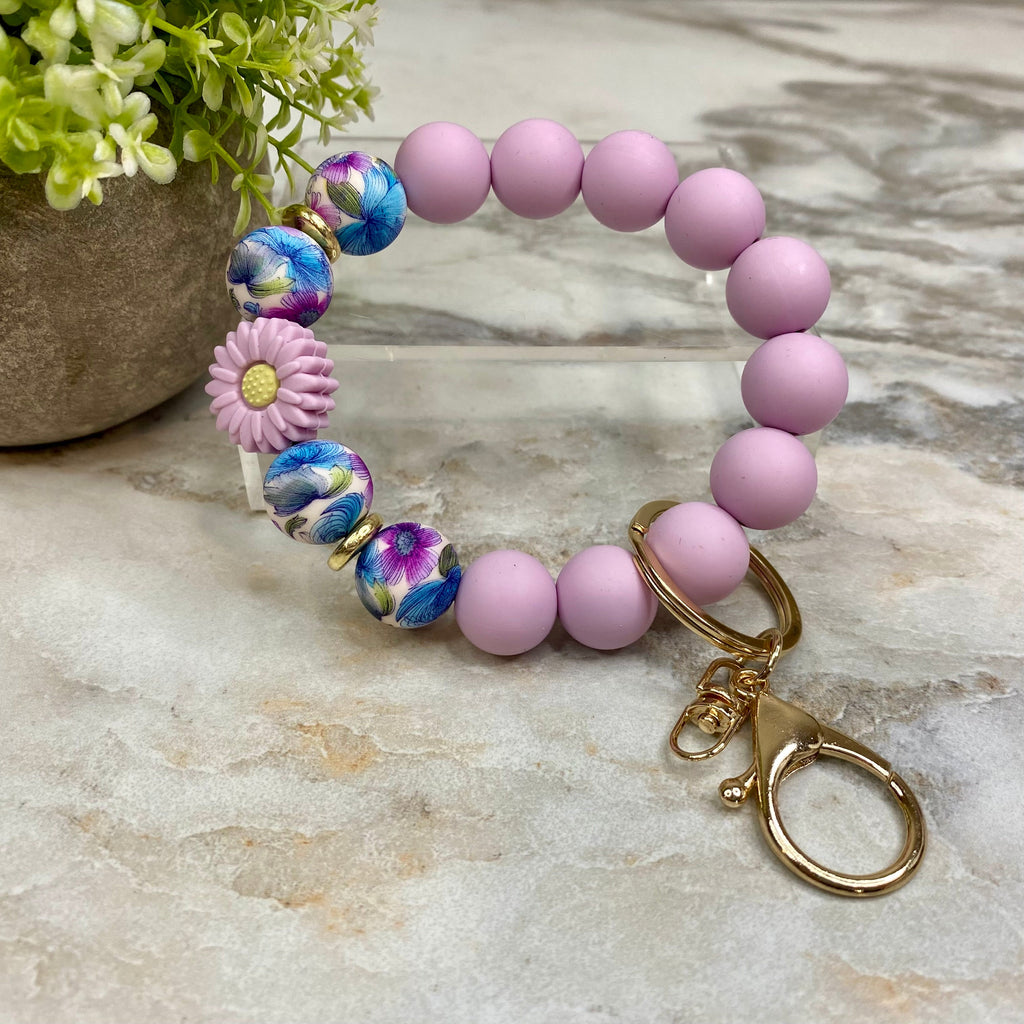 Silicone Bracelet Keychain - Light Purple Floral Sunflower