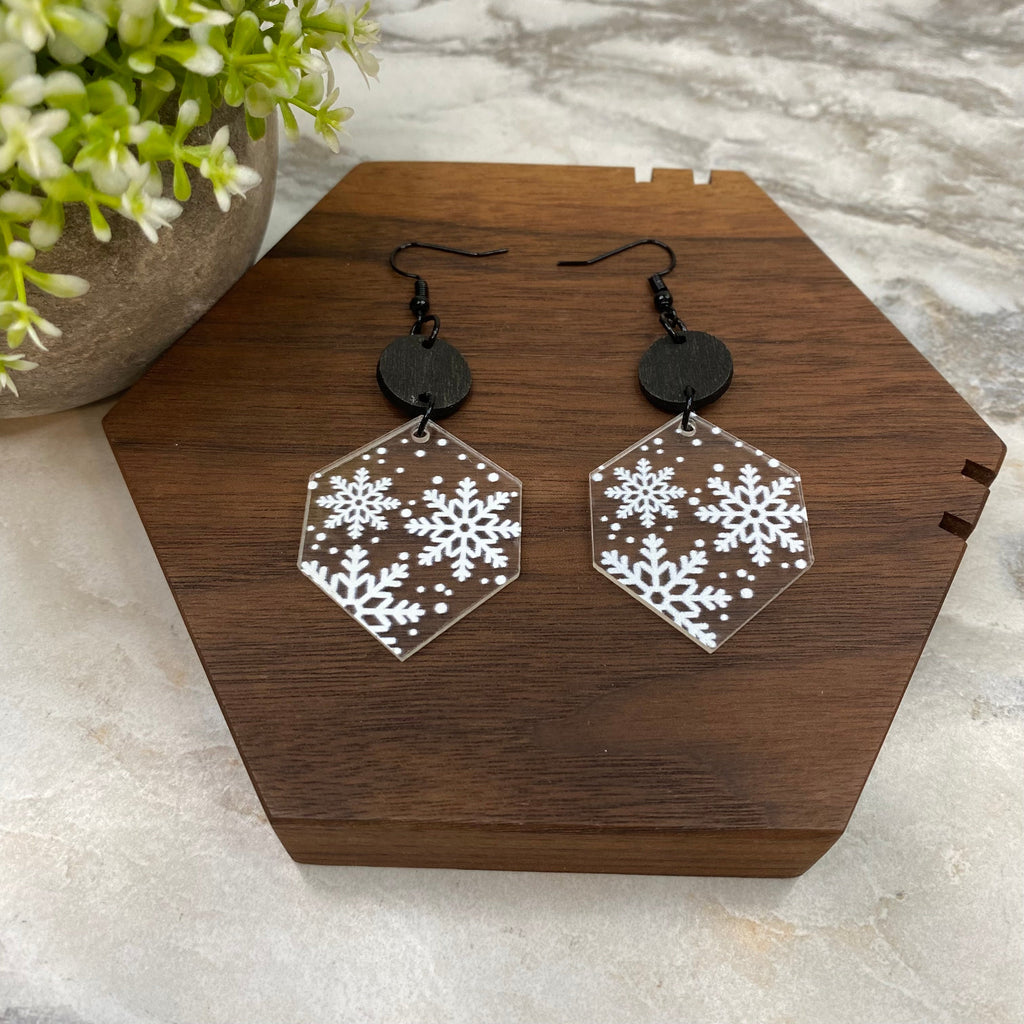 Acrylic & Wood Dangle Earrings - Christmas Clear Hexagon Snowflake