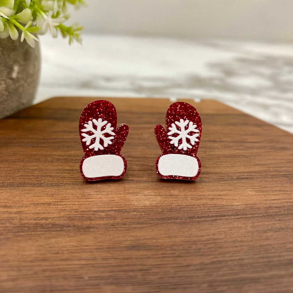 Acrylic Stud Earrings - Christmas - Red Glitter Gloves