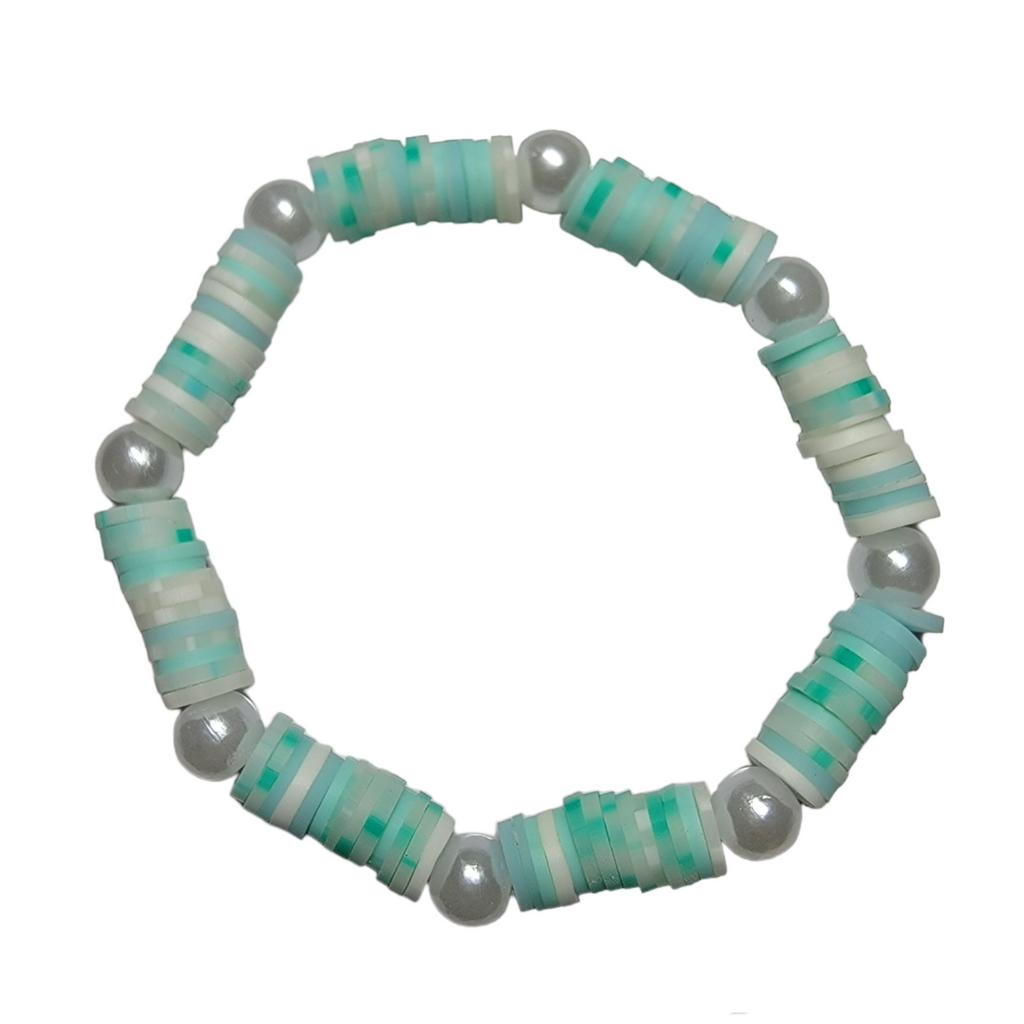 White, mint and pearl clay beaded bracelet with white background